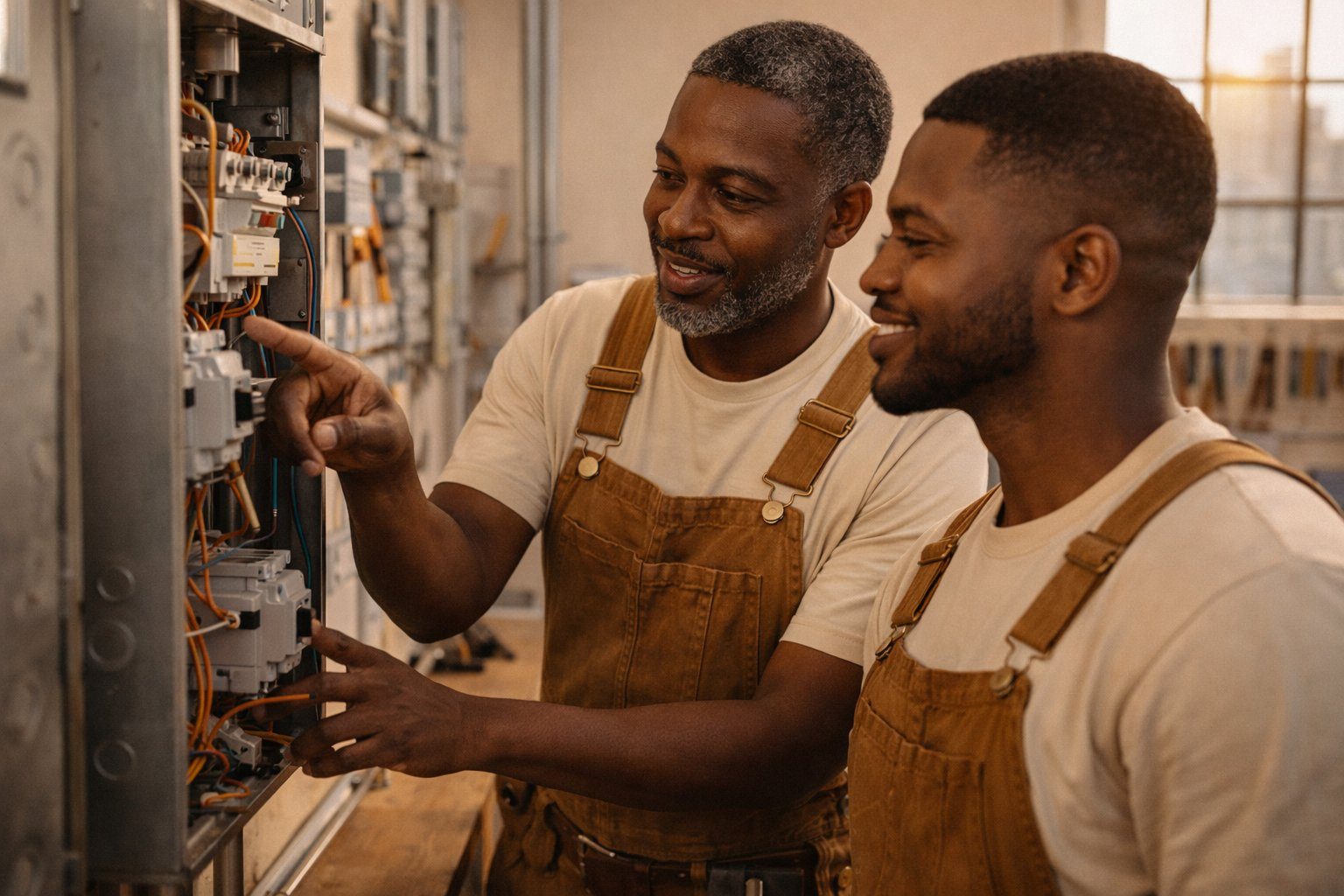 THEO master electrician mentoring apprentice at electrical panel
