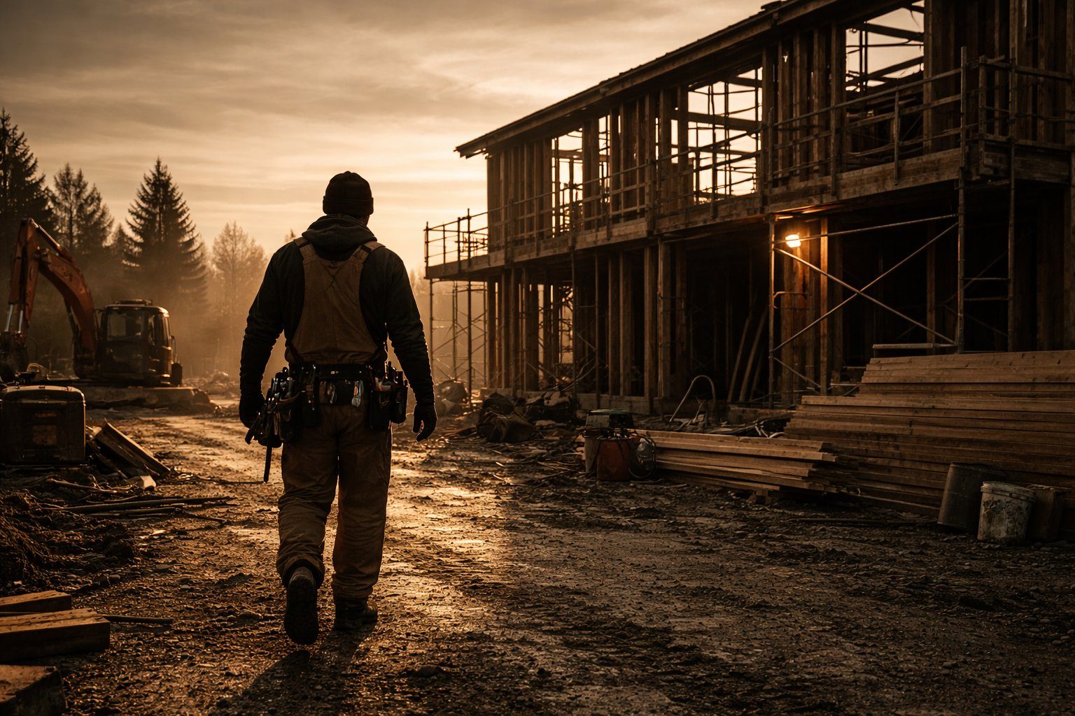 Worker walking toward job site at dusk